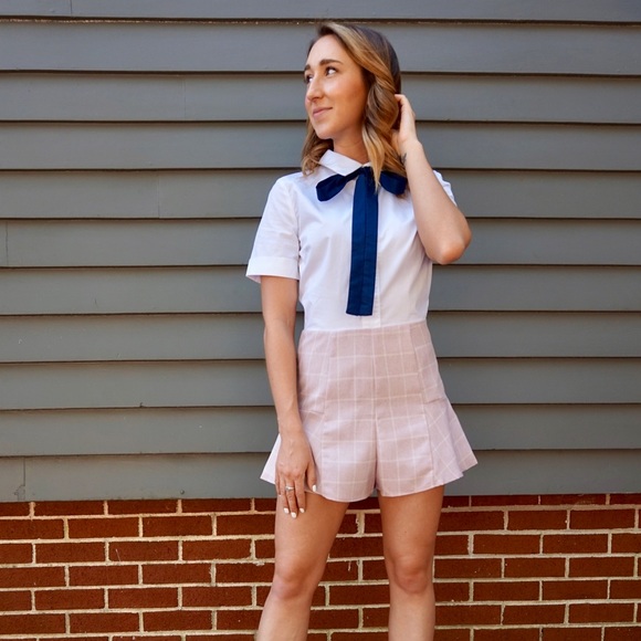 Collared Romper with Neck Tie - Picture 1 of 4